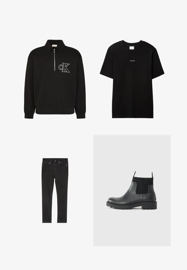 Schwarzer Langarm-Pullover mit Kragen, halbem Frontreißverschluss und weiß besticktem "cK" Logo auf der linken Brust.; Schwarzes Baumwoll-T-Shirt mit Rundhalsausschnitt und kurzen Ärmeln. Auf der Vorderseite befindet sich ein kleines weißes "Calvin Klein"-Logo. Glatte, klassische Passform.; Schwarze Denim-Jeans mit schmaler Passform, ausgestattet mit vier Taschen, einem Metallknopfverschluss und leichten Used-Details. Glatte Textur und klassisches Design.; Schwarze Knöchelstiefel aus Gummi mit matter Oberfläche, die ein schlankes Design, elastische Einsätze und eine robuste Sohle für bessere Bodenhaftung bieten.