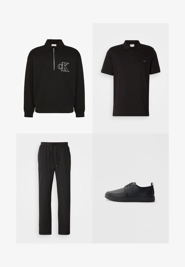 Must pikkade varrukatega pullover kraega, ees poolik tõmblukk ja valge brodeeritud "cK" logo vasakul rinnal.; Must tumes polo särk klassikalise kraega, kahe esitunneli ja väikese logoga vasakul rinnal. Lühikesed varrukad ja sirge äär.; Mustad mustad spordipüksid, mis on valmistatud kergeks kangast, elastse vöökoha ja reguleeritavate nööridega ning küljetaskutega. Sile tekstuur.; Mustaläik nahast spordijalatsid siledaga viimistlusega, ümarate varvastega, sama tooni õmblustega, nööbid ees, ja lamedate kummist tallaga. Kannas aas.