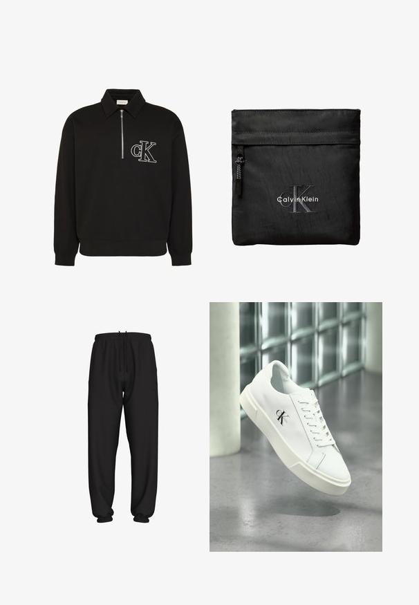 Must pikkade varrukatega pullover kraega, ees poolik tõmblukk ja valge brodeeritud "cK" logo vasakul rinnal.; Mustad lahtised dressipüksid elastse vöökoha ja mansettidega, kohandatava nööriga vöökohal.; Valge Calvin Kleini paeltega tennisejalanõu, mis on kuvad surnud põranda ja klaasplokkide seina taustal hõljuvana.; Must Calvin Klein käekott lukuga esiosas ja tikitud suur "CK" logo halli ja valgena ühevärvilisel taustal.
