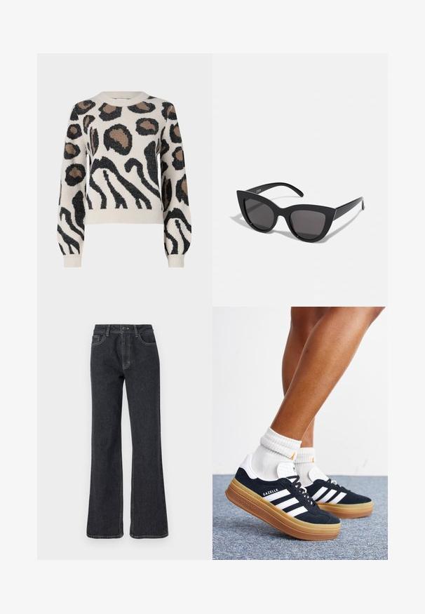 JDY LORRAINE - Striktrøje - cement; Mørk denim jeans med flare nederst og høj livvidde, prydet med gyldne syninger, fem lommer og knaplukning. Glat overflade, lige ben-design.; Ben iført hvide sokker og sorte Adidas Gazelle sneakers med hvide striber og tykke brune såler på et gråt tæppe.; Sorte cat-eye solbriller med mat finish, der har grå tonede linser, skarpe vinkler og slanke sidearme. Mærkenavnet er synligt på den indre arm.