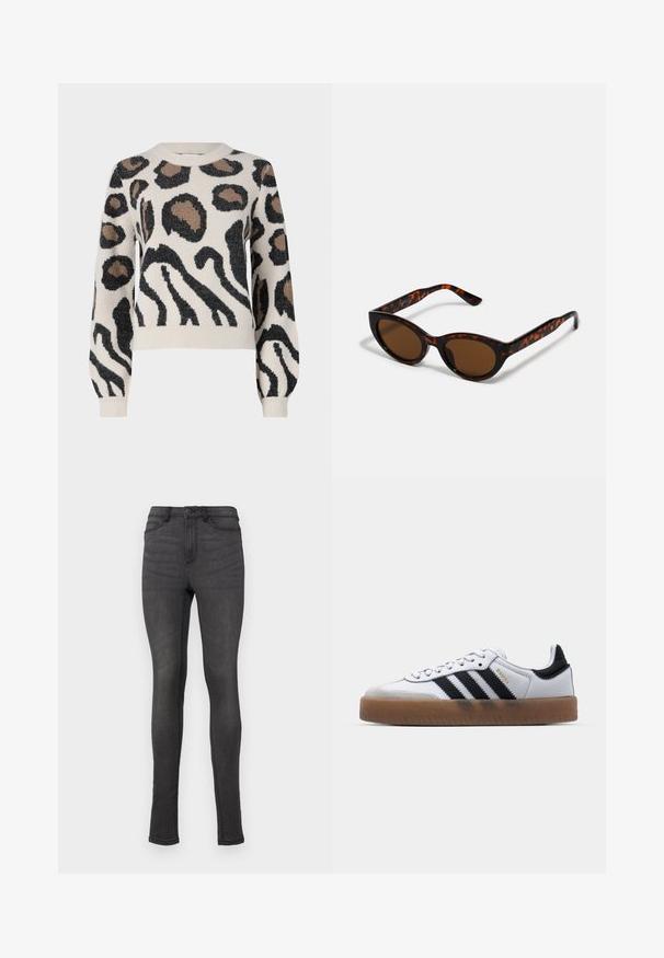 JDY LORRAINE - Trui - cement; Skinny jeans van donkergrijze denim, met een hoge tailleband, riemlussen en een enkele knoopsluiting. Geen zichtbare slijtage of patronen.; Witte leren sneakers met zwarte strepen, gumrubberen buitenzool, ronde neus, vetersluiting en een zachte grijze suède neuskap.; Bruine schildpad zonnebril met een vintage cat-eye vorm en bruine lenzen. Heeft gebogen armen met rode accenten.