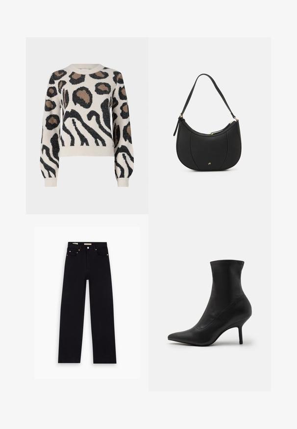 JDY LORRAINE - Jersey de punto - cement; Jeans de mezclilla negros con corte recto, cinco bolsillos, herrajes de cobre y una textura suave. Dos etiquetas visibles en la cinturilla.; Anna Field Botines - black; Bolso de mano de cuero negro con forma curva, superficie texturizada, costuras frontales y un logo en tono dorado. Cuenta con una sola correa ajustable.