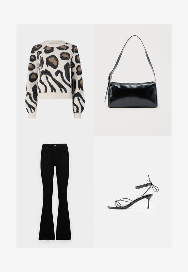 JDY LORRAINE - Strickpullover - cement; Schwarze hochtaillierte Jeans mit einem Knopf- und Reißverschluss, Fronttaschen und ausgestellten Beinen, flach auf einem weißen Hintergrund ausgelegt.; Schwarze, schmale High-Heel-Sandale mit dünnen Knöchelriemchen und mittelhohem Stilettoabsatz vor weißem Hintergrund.; Schwarze rechteckige Schultertasche mit einem verstellbaren Riemen und einem oberen Reißverschluss vor einfachem Hintergrund.