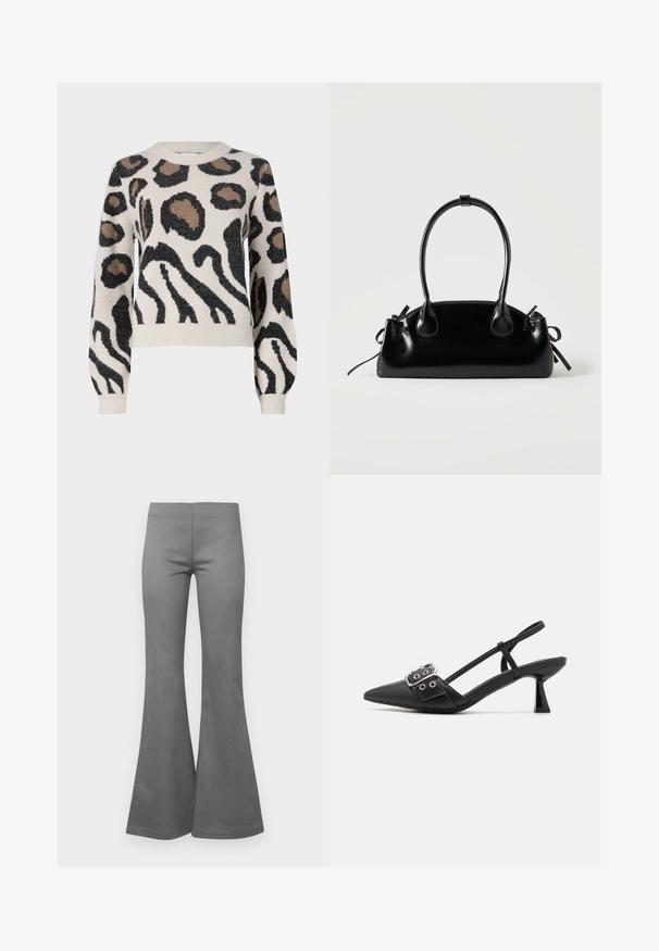 JDY LORRAINE - Trui - cement; Grijze uitlopende broek met een gladde textuur en een getailleerd ontwerp, dat wijd uitloopt vanaf de knie tot de zoom.; Simmi London DALA - Klassieke pumps - black; Kleine zwarte glanzende handtas met twee lange hengsels en zijkant trekkoord details op een effen lichte achtergrond.