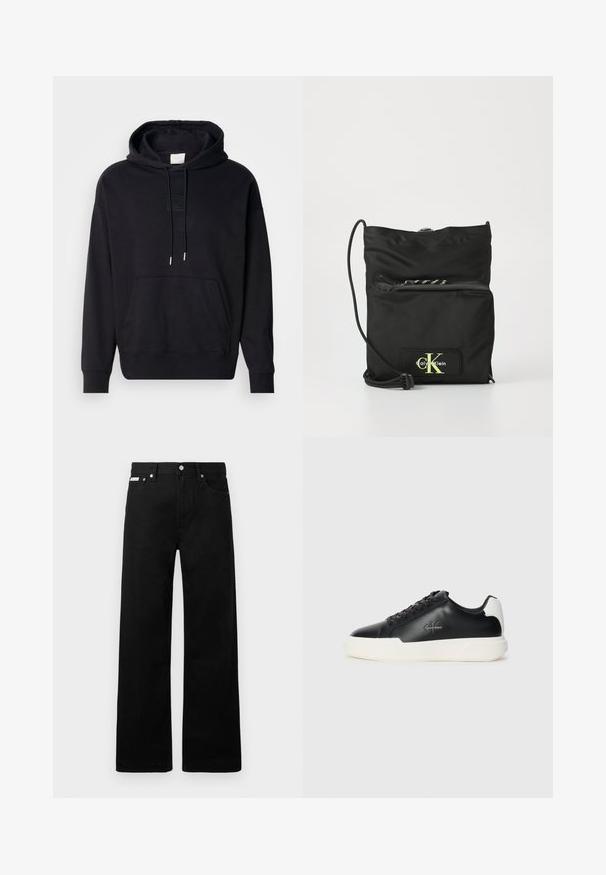 Sudadera negra hecha de una mezcla de algodón, con un bolsillo tipo canguro, capucha con cordón y puños y dobladillo de canalé. Parche de logo texturizado en el pecho.; Pantalones de mezclilla negros con un diseño de pierna ancha, que cuentan con cinco bolsillos y herrajes de botón metálico. Textura suave, sin patrones visibles.; Zapatillas de piel negra con suela de goma blanca. Presentan puntera redonda, diseño de cordones y detalle del logotipo en el costado. Acento trasero en blanco.; Bolso cruzado de nylon negro con correa de cordón ajustable, bolsillo frontal con cremallera y parche de logo fluorescente en el acento de cuero.