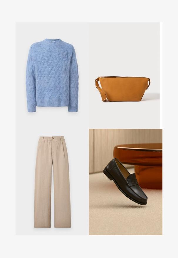 Pull bleu clair en tricot texturé avec motif en torsades. Présente un col rond et des poignets et ourlet côtelés.; Pantalons beige à large jambe avec une finition texturée, dotés de plis et d'une taille élastique, fixés par un bouton en bronze à l'avant.; Chaussure mocassin en cuir noir suspendue au-dessus d’un tapis beige avec du mobilier moderne couleur ambre en arrière-plan.; Sac bandoulière en cuir marron clair avec sangle réglable et fermeture éclair, présenté sur un fond clair uni.