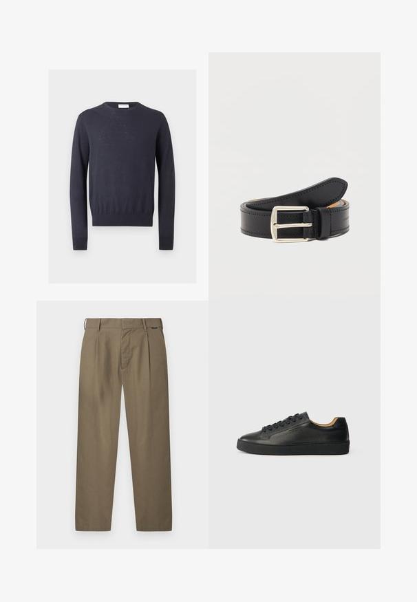 Pull bleu marine à manches longues avec col rond et bords-côtes aux poignets et à l'ourlet sur un fond uni clair.; Pantalons kaki pour hommes à jambes droites avec passants pour ceinture, plis avant, et une fermeture dissimulée par boutons et zip.; Baskets basses en cuir noir avec surface texturée, lacets noirs et semelle en caoutchouc épaisse, présentées de côté sur un fond clair.; Ceinture en cuir noir avec boucle rectangulaire argentée, enroulée avec des coutures visibles le long des bords sur un fond blanc uni.