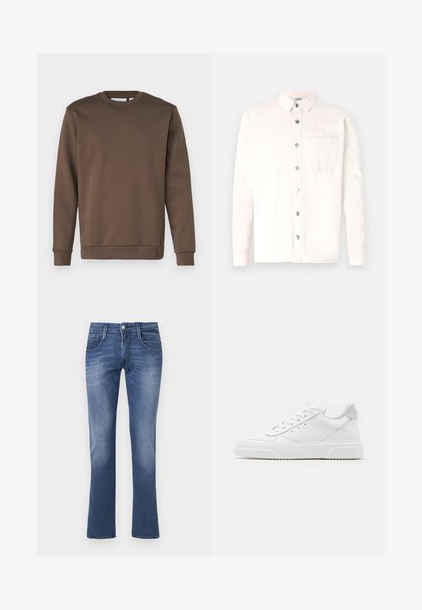 Only & Sons ONSCERES CREW NECK - Sweatshirt - major brown; Denim Project DPMDPSTITCH DETAIL DENIM SHIRT - Hemd - jet stream; Blaue Jeans im Slim-Fit-Stil mit Frontknopf, Reißverschluss sowie Vorder- und Hintertaschen auf weißem Hintergrund.; Weiße Leder-Sneaker mit glatter Oberfläche, rundem Zehenbereich, flachen Schnürsenkeln und strukturiertem Schuhsohlen. Graues Wildleder-Detail an der Ferse.