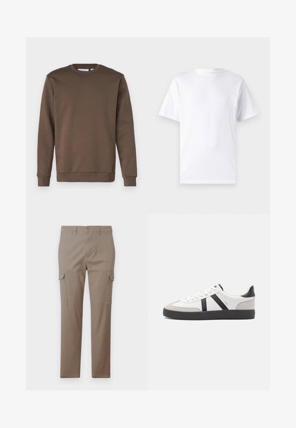 Only & Sons ONSCERES CREW NECK - Sweatshirt - major brown; Weißes kurzärmeliges T-Shirt aus Baumwolle mit Rundhalsausschnitt, das eine glatte Textur und ein einfaches Design ohne Muster oder Akzente aufweist.; Jack & Jones Cargo Tapered Fit - Cargohose - brindle; Weiße Sneaker mit schwarz- und grau-aczenten, ausgestattet mit einer strukturierten grauen Zehenkappe, schwarzer Gummi-Sohle und flachen weißen Schnürsenkeln. Sauberes Design, minimalistische Stil.