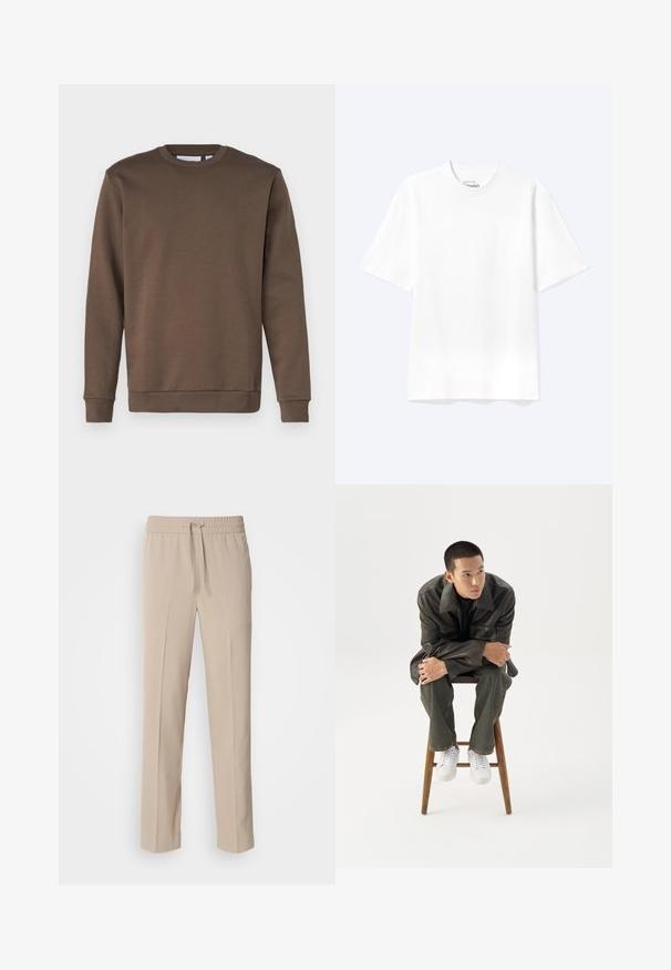 Only & Sons ONSCERES CREW NECK - Sweater - major brown; Effen witte T-shirt met korte mouwen en ronde hals, met een losse pasvorm, weergegeven op een lichte achtergrond.; Beige, relaxte broek gemaakt van zachte stof, met een elastische tailleband met een trekkoord en rechte pijpen met minimale accenten.; Jonge man in een donkere leren jas en spijkerbroek zit op een houten kruk, leunt naar voren met gekruiste armen en kijkt naar de zijkant tegen een witte achtergrond.