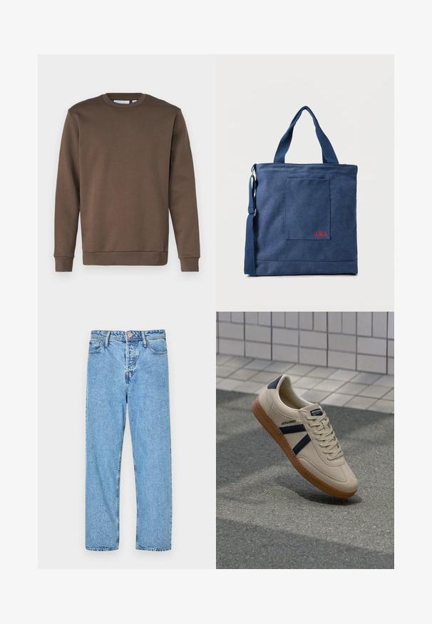 Only & Sons ONSCERES CREW NECK - Sweater - major brown; Lichtblauwe denim jeans met een recht model, vijf zakken, zichtbare stiksels en een knoop- en ritssluiting.; Beige sneaker met een textuurafwerking, marineblauwe strepen en een rubberen zool. Heeft een gevoerde tong en een traditioneel vetersysteem voor een veilige pasvorm.; Blauwe canvas tas met voorvak en rode "O.N.S" borduring, voorzien van dubbele handvatten en een verstelbare schouderriem.