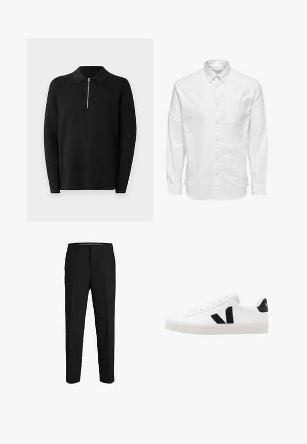 Suéter negro de manga larga con cuello con cremallera. Hecho de una tela suave, con una textura lisa y un diseño sencillo y minimalista.; Camisa blanca de manga larga con botones, cuello y bolsillo en el pecho, con la etiqueta "Selected Homme" en el interior del cuello.; Pantalones negros de tela suave, con corte recto, lazos para cinturón y un diseño de frente plano sin patrones ni adornos visibles.; Zapatilla de cuero blanca con acentos de ante negro; presenta una suela de goma, puntera redonda y un diseño clásico de cordones. Logo lateral en negro.