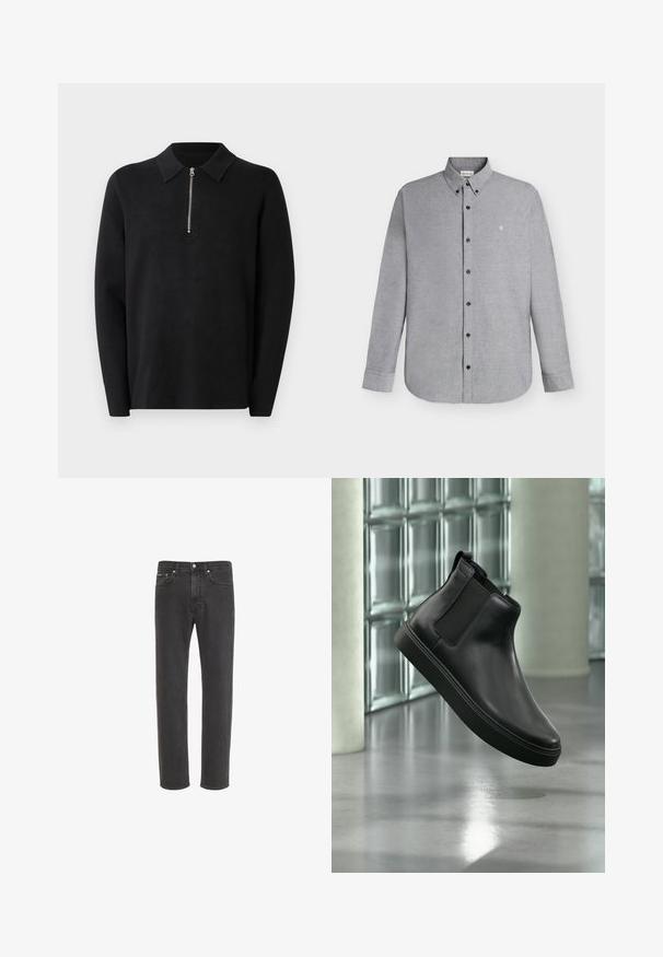 Sort pullover med lange ærmer og lynlås i kraven. Lavet af blødt stof, der har en glat tekstur og et enkelt, minimalistisk design.; Lysegrå skjorte med lange ærmer, knapper foran og knaplukket krave samt det lille "cK" logo broderet på venstre bryst.; Sorte jeans med lige ben i denim med knap- og lynlås-lukning foran, for- og baglommer, vist på hvid baggrund.; Sort læder ankelstøvle med elastiske sidepaneler, der svæver over en poleret beton gulv og glasblokke i baggrunden.