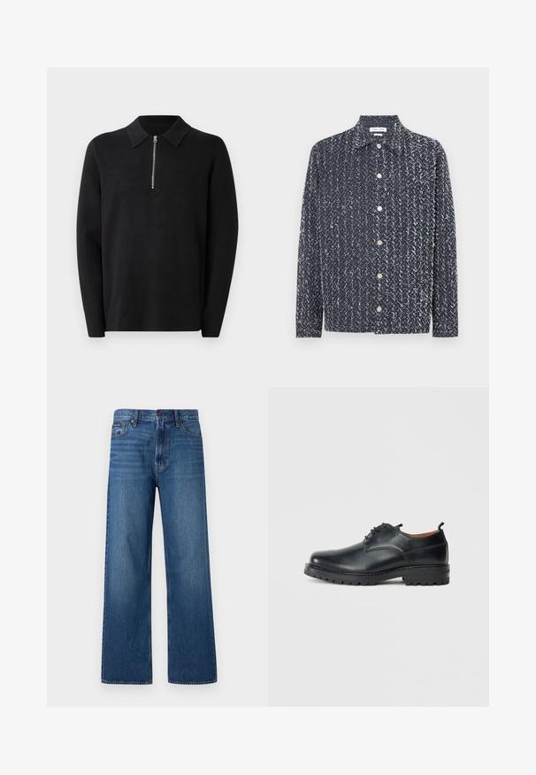 Suéter negro de manga larga con cuello con cremallera. Hecho de una tela suave, con una textura lisa y un diseño sencillo y minimalista.; Camisa azul marino abotonada con un tejido texturizado y estampado que presenta detalles en blanco. Cuello, mangas largas con un corte holgado. Botones plateados visibles.; Vaqueros azules de tiro alto y pierna recta con botón y cremallera delanteros, cinco bolsillos y un pequeño parche de marca en el bolsillo derecho.; Zapatos derby de cuero negro con una textura suave, punta redondeada, diseño de cordones y una suela de goma gruesa y resistente.