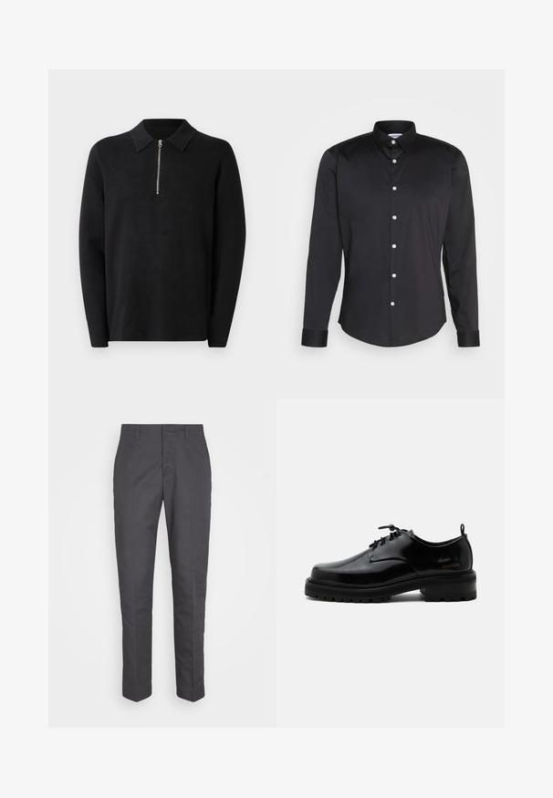 Sort pullover med lange ærmer og lynlås i kraven. Lavet af blødt stof, der har en glat tekstur og et enkelt, minimalistisk design.; Sort langærmet skjorte lavet af glat stof, med spidse krave, frontlukning med hvide knapper og enkeltknapmanchetter.; Grå bukser med lige ben, lavet af glat stof, med bæltestropper og en ren front, velegnet til både formelt og afslappet brug.; Sort poleret læder snørestøvle med tyk gummisål og lav hæl, sideskilt med mærketekst "SAMSOE" og bageste træksnor.