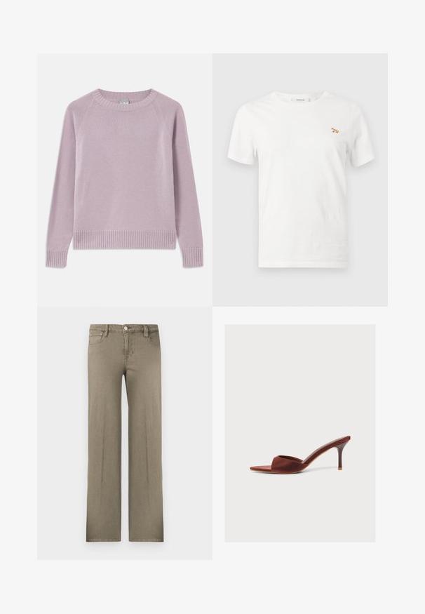 Lyserød striktrøje med ribbede kanter og manchetter, raglanærmer og rund halsudskæring. Blød tekstur og sømløst design.; Hvid kortærmet T-shirt med rund hals og en lille broderet orange ræv på venstre bryst.; Bukser med vide ben i olivengrøn, lavet af denim. Har et klassisk design med fem lommer, knaplukning og subtil tekstur.; Brun satin mule sandal med åben tå, slank mellemhøj hæl og slip-on design mod en ensfarvet lys baggrund.