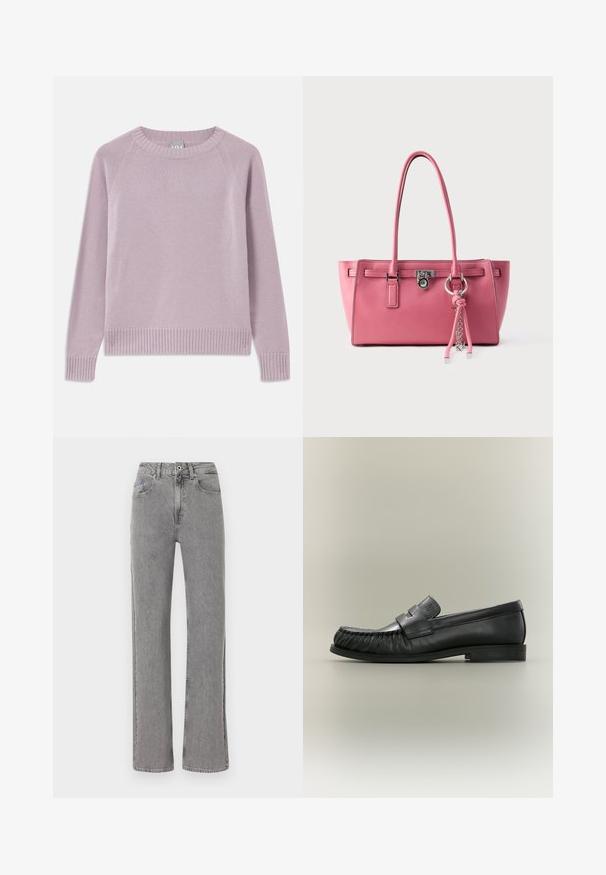 Pull tricoté léger en violet avec un ourlet et des poignets côtelés, des manches raglan et un col rond. Texture douce et design sans couture.; Jean en denim gris à taille haute, coupe droite, avec bouton à l'avant, fermeture éclair, passants pour ceinture et design à cinq poches.; Mocassin penny en cuir noir avec détail plissé au bout et talon bas empilé, vu de côté sur un fond neutre.; Sac cabas en cuir rose avec deux anses épaules, une serrure en métal argenté et un détail de breloque tressée. Texture lisse avec une forme structurée.