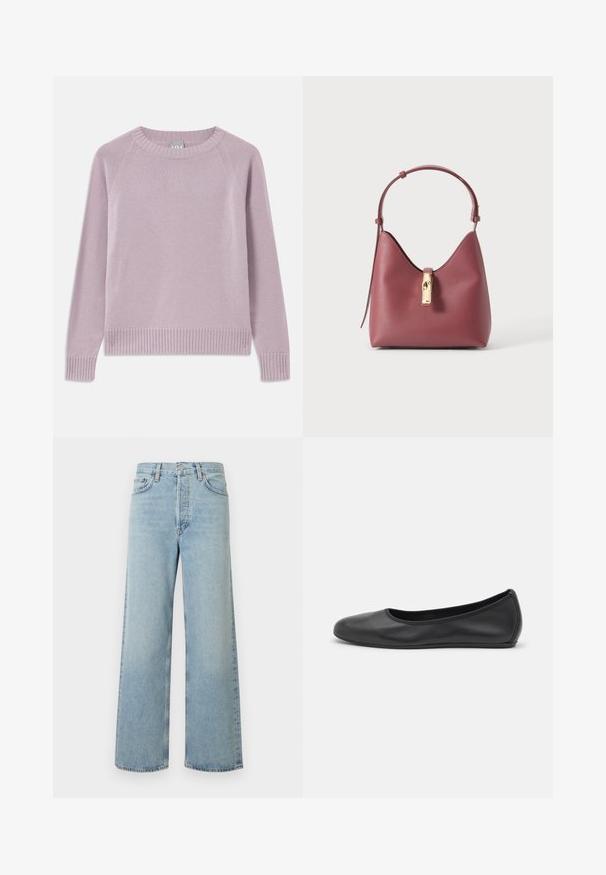 Pull tricoté léger en violet avec un ourlet et des poignets côtelés, des manches raglan et un col rond. Texture douce et design sans couture.; Jean large coupe pattes d'éléphant bleu clair en tissu denim avec une taille haute. Comprend cinq poches, une fermeture à bouton, et une texture subtilement délavée.; Ballerines en cuir noir avec un bout rond, texture lisse, détails de couture minimalistes et design de semelle flexible.; Petit sac à main en cuir rose foncé avec une anse unique et un fermoir doré sur un fond clair uni.