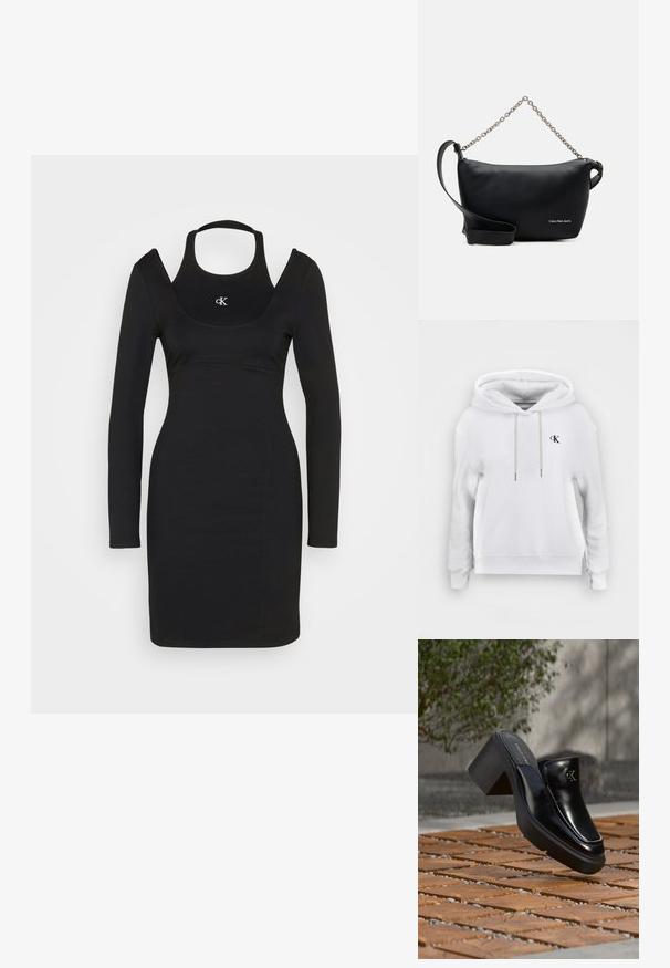 Sudadera blanca con capucha, cordones delanteros y pequeño logo negro de "cK" en el lado izquierdo del pecho, puños y bajo acanalados.; Calvin Klein Jeans DRESS - Vestido ligero - black; Mule tipo slip-on de cuero negro de Calvin Klein con tacón de bloque descansando sobre baldosas de madera al aire libre cerca de una planta verde y una pared gris.; Calvin Klein Jeans SCULPTED ROUND CHAIN - Bandolera - black
