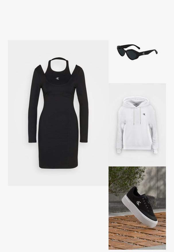 Biela mikina s kapucňou, prednými šnúrkami a malým čiernym logom "cK" na ľavej strane hrudníka, rebrované manžety a spodný lem.; Calvin Klein Jeans DRESS - Džersejové šaty - black; Čierna teniska s bielym logom "CK" na boku, hrubou bielou podrážkou a čiernymi tkaničkami, umiestnená nad dreveným dlaždicovým a kamienkovým povrchom vonku.; Čierne slnečné okuliare v štýle mačacích očí s lesklým povrchom, tmavými sklami a logom "cK" na spánku. Ostrý dizajn a hrubé rámy.