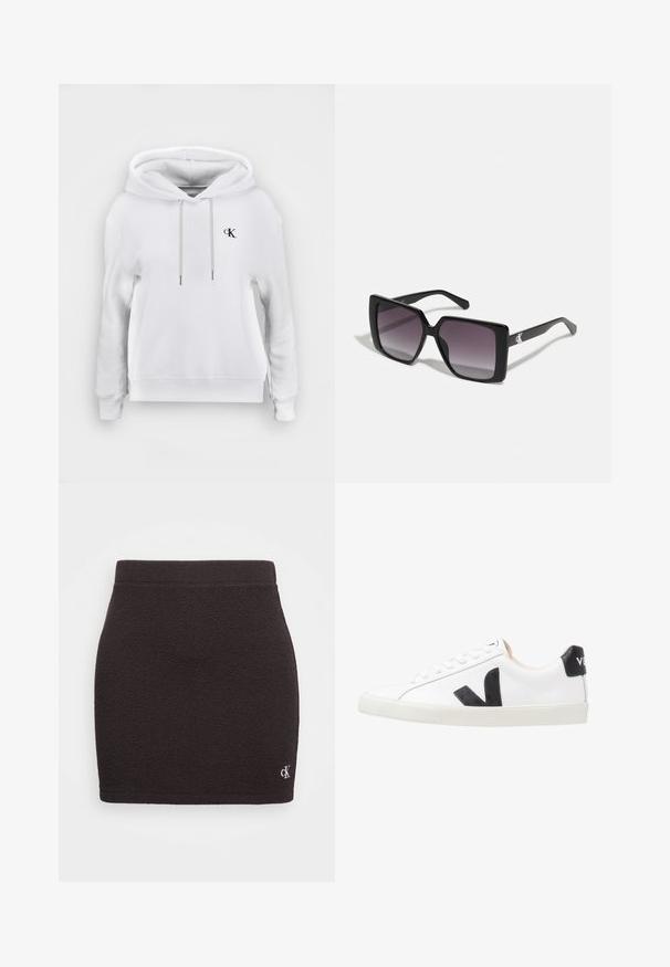 Sudadera blanca con capucha, cordones delanteros y pequeño logo negro de "cK" en el lado izquierdo del pecho, puños y bajo acanalados.; Calvin Klein Jeans SLUB SKIRT - Minifalda - black; Zapatilla blanca con un logo en V negro, con una parte superior de cuero liso, puntera redonda, cierre de cordones y una lengüeta en el talón de color negro en contraste.; Gafas de sol cuadradas negras con lentes degradados grises. Montura brillante con líneas elegantes. Acento de logo plateado en las patillas.
