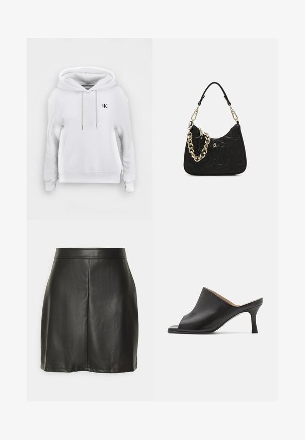 Valge kapuutsiga dressipluus ees olevate nööride ja väikese musta "cK" logoga vasakul rinnal, soonikkoes mansettide ja äärega.; Vero Moda VMMONTANA SHORT SKIRT - A-lõikeline seelik - black; Selected ASHLEY - Kontsaga tagant lahtised kingad - black; Mustra muste nahkakäekott reljeefse mustriga, ümar kuju, must õlarihm ja kuldne kettaksent. Omab lukuga sulgemist ja logo detaili.