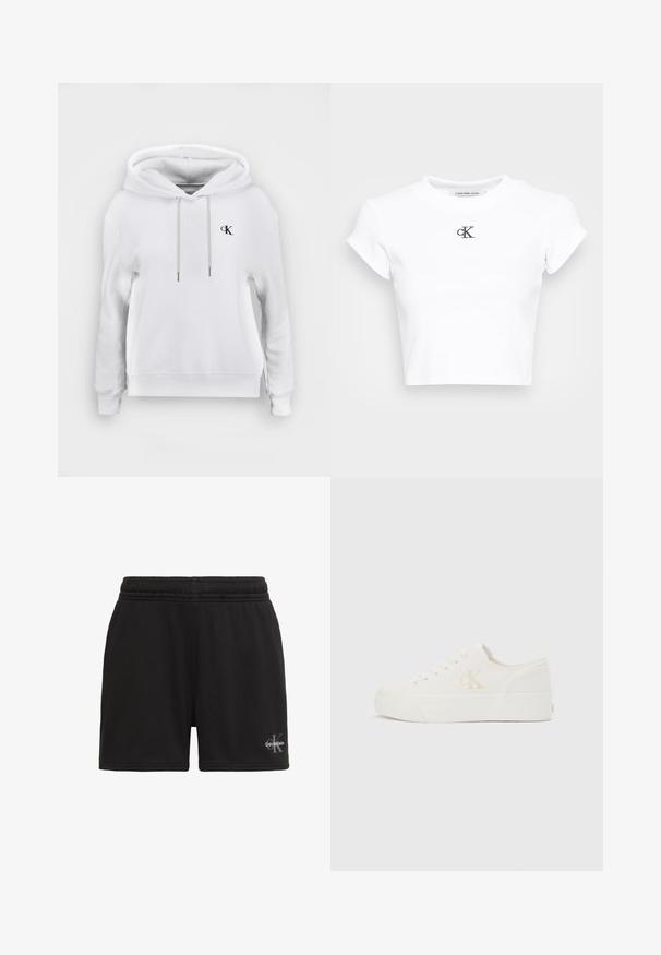 Weißes Kapuzen-Sweatshirt mit vorderen Kordeln und kleinem schwarzem "cK"-Logo auf der linken Brust, gerippte Bündchen und Saum.; Weißes, kurzes T-Shirt aus geripptem Material. Mit Rundhalsausschnitt und kurzen Ärmeln. Schwarzes, gesticktes "cK"-Logo auf der Brust.; Schwarze Shorts mit elastischem Bund und Calvin Klein-Logo am unteren rechten Bein, auf weißem Hintergrund dargestellt.; Weißer Sneaker mit niedrigem Schaft, dicker Sohle und seitlichem "cK"-Logo, Schnürung vorne und minimalistischem Design auf neutralem Hintergrund.