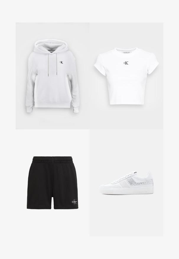 Weißes Kapuzen-Sweatshirt mit vorderen Kordeln und kleinem schwarzem "cK"-Logo auf der linken Brust, gerippte Bündchen und Saum.; Weißes, kurzes T-Shirt aus geripptem Material. Mit Rundhalsausschnitt und kurzen Ärmeln. Schwarzes, gesticktes "cK"-Logo auf der Brust.; Schwarze Shorts mit elastischem Bund und Calvin Klein-Logo am unteren rechten Bein, auf weißem Hintergrund dargestellt.; Weißer Sneaker mit glattem Lederobermaterial, Wildledereinsätzen, Mesh-Details und einer strukturierten Gummisohle. Mit flachen Schnürsenkeln und Branding an der Seite.