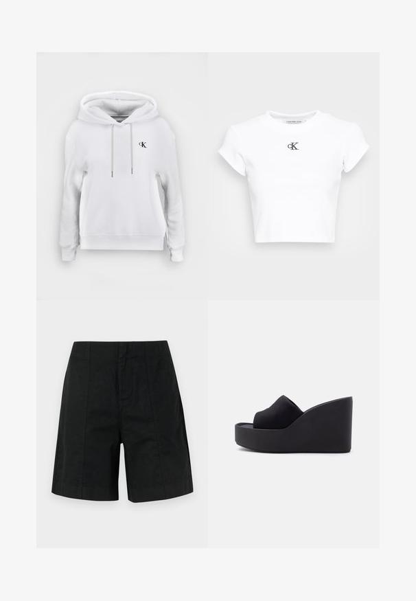 Sweat à capuche blanc avec cordons à l'avant et petit logo noir "cK" sur la poitrine gauche, poignets et ourlet côtelés.; T-shirt blanc court en tissu côtelé. Présente un col rond et des manches courtes. Logo "cK" brodé noir sur la poitrine.; Shorts noirs ajustés en tissu léger, dotés d'un design structuré avec des rayures verticales et un ourlet droit. Aucune poche visible.; Sandale à plateforme compensée noire avec bout fermé en tissu et semelle haute et solide sur un fond clair uni.