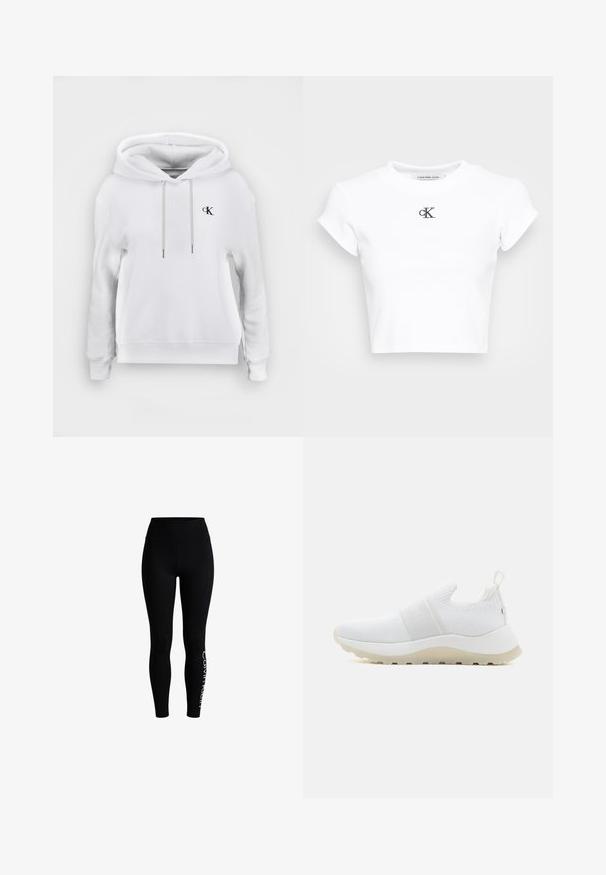 Sudadera blanca con capucha, cordones delanteros y pequeño logo negro de "cK" en el lado izquierdo del pecho, puños y bajo acanalados.; Camiseta corta blanca hecha de tela acanalada. Presenta un escote redondo y mangas cortas. Logotipo "cK" bordado en negro en el pecho.; Leggings negros de talle alto con un corte ajustado y logo blanco "Calvin Klein" que corre verticalmente en la parte baja de la pierna derecha.; Calvin Klein RUNNER SLIP ON - Zapatillas - white