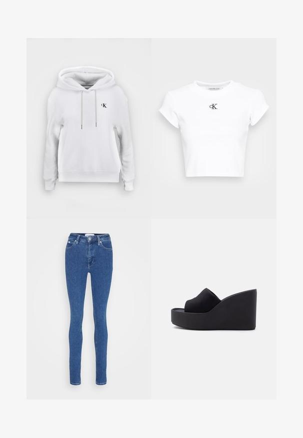 Weißes Kapuzen-Sweatshirt mit vorderen Kordeln und kleinem schwarzem "cK"-Logo auf der linken Brust, gerippte Bündchen und Saum.; Weißes, kurzes T-Shirt aus geripptem Material. Mit Rundhalsausschnitt und kurzen Ärmeln. Schwarzes, gesticktes "cK"-Logo auf der Brust.; Blaue Slim-Fit-Denim-Jeans mit Knopf- und Reißverschluss, vorderen und hinteren Taschen und Gürtelschlaufen auf weißem Hintergrund.; Schwarze Keil-Sandalette mit geschlossener Zehenpartie aus Stoff und hoher, durchgehender Sohle vor schlichtem hellen Hintergrund.