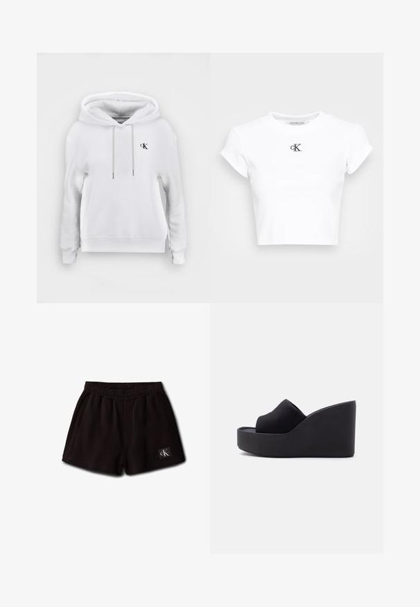Sudadera blanca con capucha, cordones delanteros y pequeño logo negro de "cK" en el lado izquierdo del pecho, puños y bajo acanalados.; Camiseta corta blanca hecha de tela acanalada. Presenta un escote redondo y mangas cortas. Logotipo "cK" bordado en negro en el pecho.; Pantalones cortos negros con cintura elástica, bolsillos laterales y un pequeño parche con el logo de Calvin Klein en la parte frontal inferior izquierda.; Sandalia tipo cuña de plataforma negra con parte superior de tela de punta cerrada y suela alta y sólida sobre un fondo claro y liso.