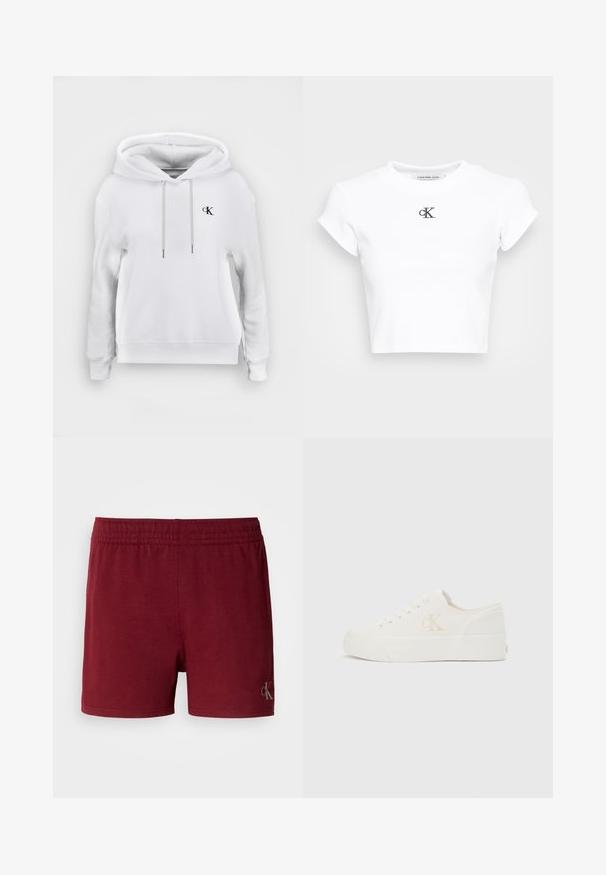 Weißes Kapuzen-Sweatshirt mit vorderen Kordeln und kleinem schwarzem "cK"-Logo auf der linken Brust, gerippte Bündchen und Saum.; Weißes, kurzes T-Shirt aus geripptem Material. Mit Rundhalsausschnitt und kurzen Ärmeln. Schwarzes, gesticktes "cK"-Logo auf der Brust.; Burgunderfarbene Sportshorts aus einem weichen Baumwollgemisch, mit elastischem Bund und einem kleinen Logo-Detail am unteren Saum.; Weißer Sneaker mit niedrigem Schaft, dicker Sohle und seitlichem "cK"-Logo, Schnürung vorne und minimalistischem Design auf neutralem Hintergrund.