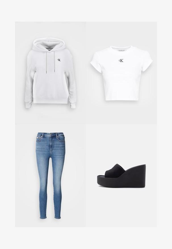 Witte hooded sweatshirt met vooraan trekkoorden en klein zwart "cK" logo op de linkerborst, geribde manchetten en zoom.; Witte cropped t-shirt gemaakt van ribgebreide stof. Heeft een ronde halslijn en korte mouwen. Zwart geborduurd "cK" logo op de borst.; Slim fit jeans in lichtblauwe denim, met een hoge taille, klassiek vijf-pocket ontwerp en subtiele vervaging met stikselaccenten.; Zwarte platform sleehak sandalen met gesloten stoffen neus en hoge, stevige zool tegen een effen lichte achtergrond.