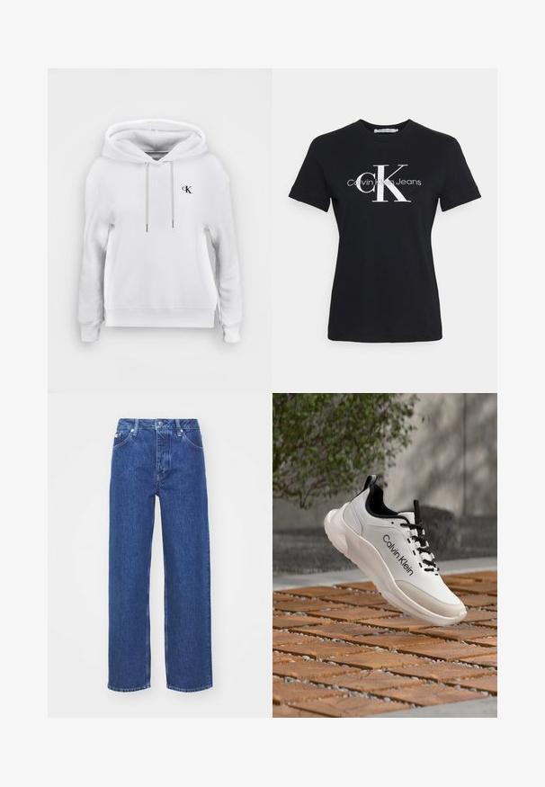 Hvid hættetrøje med snore foran og lille sort "cK" logo på venstre bryst, ribstrikkede manchetter og kant.; Sort bomulds t-shirt med korte ærmer, der pryder et hvidt "CK" logo og teksten "Calvin Klein Jeans" i et moderne skrifttype på fronten.; Blå denim bred-benede jeans med høj talje, med lynlås og knaplukning, bæltestropper og subtilt falmet detaljer på stoffet.; Hvid Calvin Klein-sneaker med sorte snørebånd og logo, svæver over et træflisebelagt underlag, udendørs omgivelser med grønne planter i baggrunden.