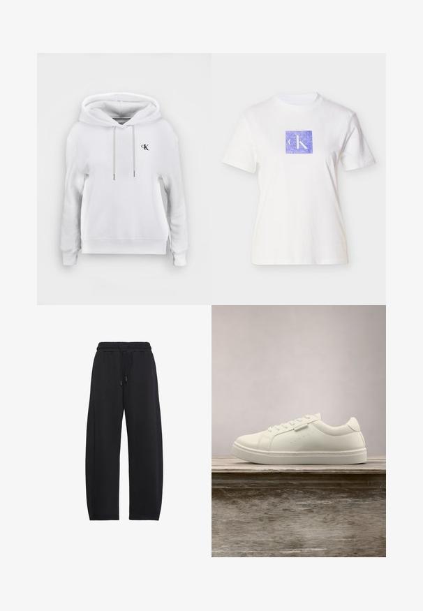 Hvid hættetrøje med snore foran og lille sort "cK" logo på venstre bryst, ribstrikkede manchetter og kant.; Hvid bomulds t-shirt med et lilla kvadratisk design med bogstaverne "CK" i en lys nuance. Kortærmet og med rund halsudskæring.; Sorte løstsiddende sweatpants med elastisk taljebånd og snøre, designet til afslappet eller atletisk brug.; Hvide lædersneakers med snørebånd svævende over en træbænk, grøn høj græs sløret i baggrunden udendørs.