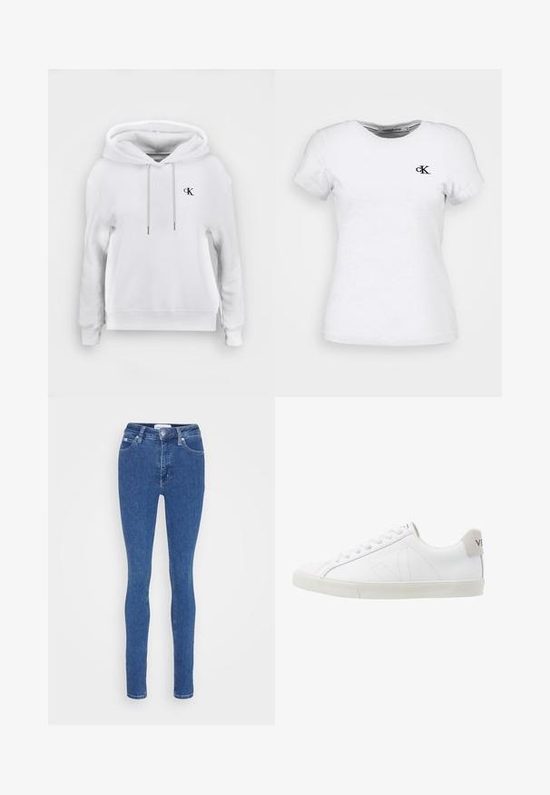 Hvid hættetrøje med snore foran og lille sort "cK" logo på venstre bryst, ribstrikkede manchetter og kant.; Hvid tætsiddende T-shirt med korte ærmer med lille sort Calvin Klein "cK" logo på venstre bryst og rund hals.; Blå slim-fit jeans i denim med knap- og lynlåslukning, for- og baglommer samt bæltestropper på hvid baggrund.; Hvide lædersneakers med en struktureret off-white gummi sål. Funktioner inkluderer snørebånd, diskrete sømme og en grå ruskindsdetalje ved hælen.