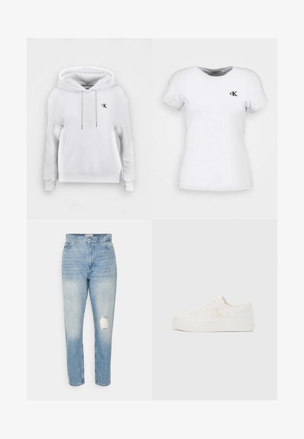 Sudadera blanca con capucha, cordones delanteros y pequeño logo negro de "cK" en el lado izquierdo del pecho, puños y bajo acanalados.; Camiseta blanca ajustada de manga corta con pequeño logo negro Calvin Klein "cK" en el pecho izquierdo y cuello redondo.; Calvin Klein Jeans MOM JEAN - Vaqueros boyfriend - denim light; Zapatilla blanca de corte bajo con suela gruesa y logo "cK" en el lateral, cierre de cordones en la parte delantera y diseño minimalista sobre fondo neutro.