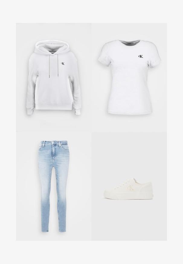 Hvid hættetrøje med snore foran og lille sort "cK" logo på venstre bryst, ribstrikkede manchetter og kant.; Hvid tætsiddende T-shirt med korte ærmer med lille sort Calvin Klein "cK" logo på venstre bryst og rund hals.; Lys blå, slidte skinny jeans med frontknap og lynlås, for- og baglommer, vist mod en hvid baggrund.; Hvid lavt snøresko med tyk sål og "cK"-logo på siden, snørebånd foran og minimalistisk design på neutral baggrund.