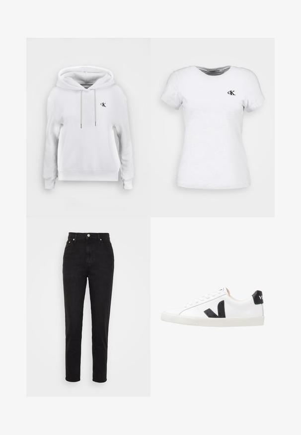 Sweat à capuche blanc avec cordons à l'avant et petit logo noir "cK" sur la poitrine gauche, poignets et ourlet côtelés.; T-shirt blanc ajusté à manches courtes avec petit logo noir Calvin Klein "cK" sur le côté gauche de la poitrine et col rond.; Jeans noirs taille haute slim avec bouton sur le devant, passants de ceinture et design à cinq poches sur fond blanc.; Baskets blanches avec un logo V noir, présentant un dessus en cuir lisse, un bout rond, un système de laçage et un empiècement au talon noir contrastant.
