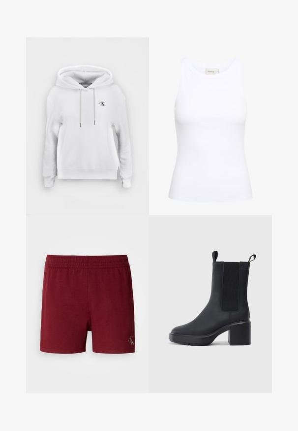 Sudadera blanca con capucha, cordones delanteros y pequeño logo negro de "cK" en el lado izquierdo del pecho, puños y bajo acanalados.; Top sin mangas de canalé blanco con escote redondo. Tejido elástico y diseño ajustado. La etiqueta en la parte posterior dice "GESTUZ."; Pantalones cortos deportivos en color burdeos, confeccionados con una suave mezcla de algodón, cinturilla elástica y un pequeño logotipo en el dobladillo inferior.; Botín negro de tobillo hecho de un material de goma liso, con paneles laterales elásticos, tacón bloque y tiradores en la parte superior para facilitar su uso.