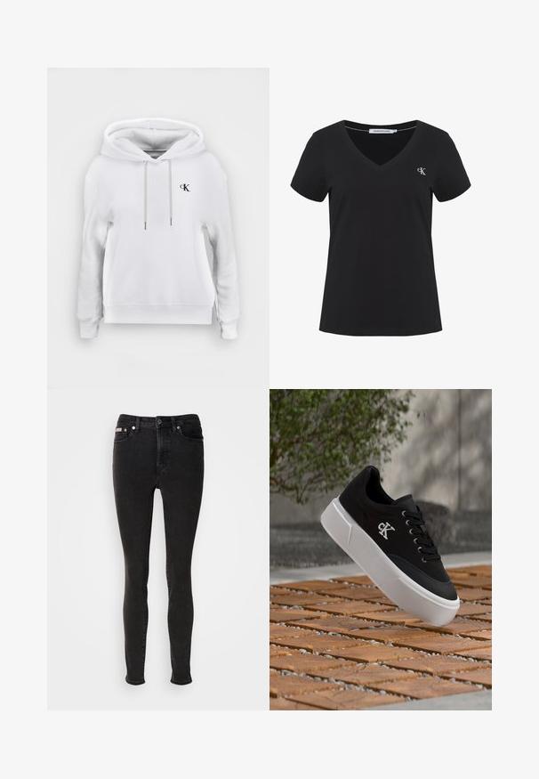 Weißes Kapuzen-Sweatshirt mit vorderen Kordeln und kleinem schwarzem "cK"-Logo auf der linken Brust, gerippte Bündchen und Saum.; Schwarzes Baumwoll-T-Shirt mit kurzen Ärmeln und V-Ausschnitt. Mit einem kleinen gestickten "CK"-Logo auf der linken Brust. Glatte Textur.; Schwarze Skinny-Jeans aus Denim mit glatter Textur, ausgestattet mit Fünf-Taschen-Design, Gürtelschlaufen und Metallknopfverschluss.; Schwarzer Sneaker mit weißem "CK"-Logo an der Seite, dicker weißer Sohle und schwarzen Schnürsenkeln, platziert auf einem Boden aus Holzfliesen und Kieselsteinen im Freien.