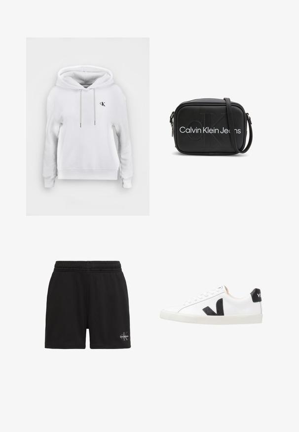 Witte hooded sweatshirt met vooraan trekkoorden en klein zwart "cK" logo op de linkerborst, geribde manchetten en zoom.; Zwarte shorts met elastische taille en Calvin Klein-logo onderaan het rechterbeen, afgebeeld tegen een witte achtergrond.; Witte sneaker met een zwart V-logo, voorzien van een gladleren bovenwerk, ronde neus, vetersluiting en een contrasterende zwarte hieltab.; Zwart rechthoekig crossbodytasje gemaakt van glad synthetisch leer, met een opvallend wit logo en een afneembare schouderriem.