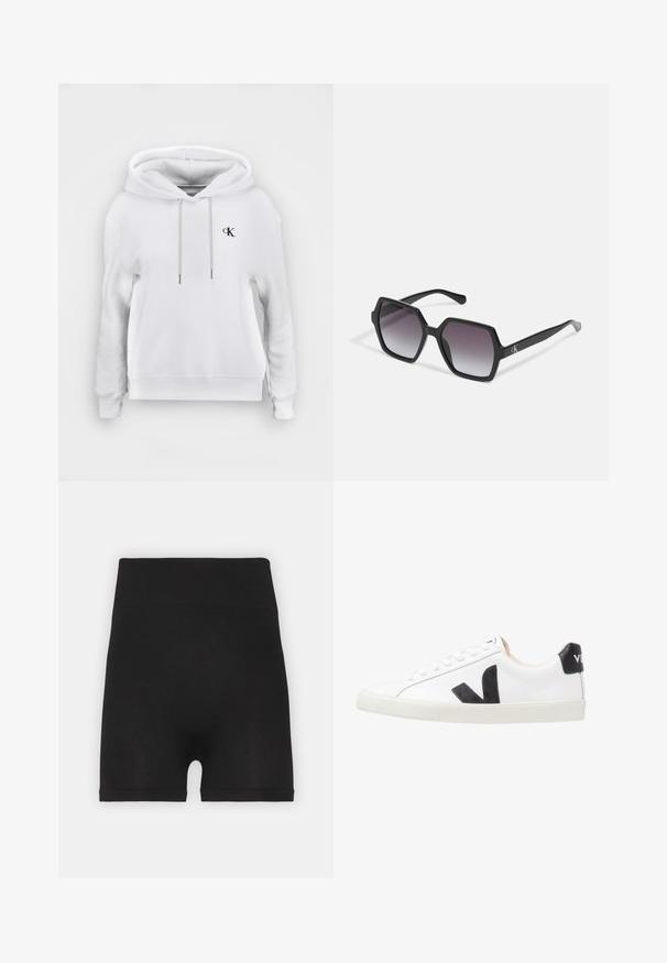 Witte hooded sweatshirt met vooraan trekkoorden en klein zwart "cK" logo op de linkerborst, geribde manchetten en zoom.; Zwarte geribde fietsbroek met een hoge tailleband en een zachte textuur, met een gladde afwerking en geen zichtbare naden.; Witte sneaker met een zwart V-logo, voorzien van een gladleren bovenwerk, ronde neus, vetersluiting en een contrasterende zwarte hieltab.; Zwarte hexagonale zonnebril met graduele lenzen, voorzien van een glanzende afwerking en subtiele branding op de veer. Duurzame kunststofconstructie.