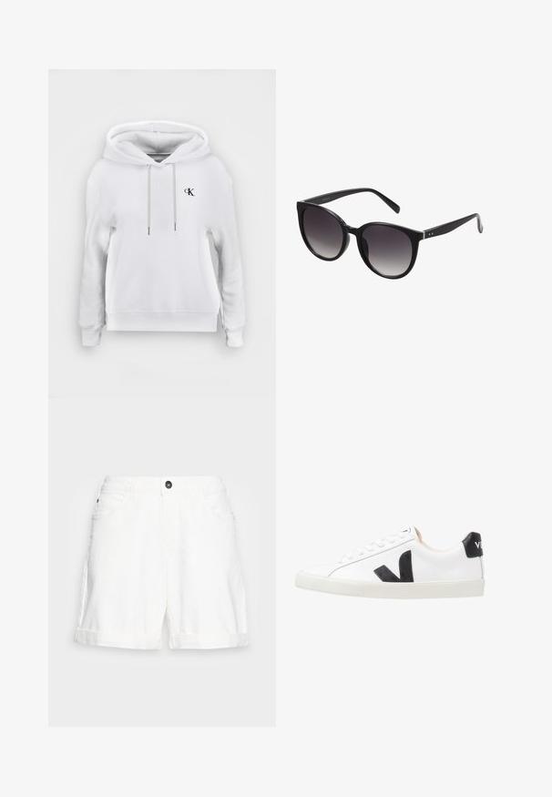 Hvid hættetrøje med snore foran og lille sort "cK" logo på venstre bryst, ribstrikkede manchetter og kant.; Hvide denim shorts med en foldet kant, fem-lomme design og en sort knap i taljen. Blød struktur og afslappet snit.; Hvide sneakers med et sort V-logo, der har en glat læderoverdel, rund tå, snørrelukning og en kontrasterende sort hælflap.; Sorte katteøje-solbriller med gradientlinser, plastikramme, glat overflade og sølvdetaljer på stængerne.
