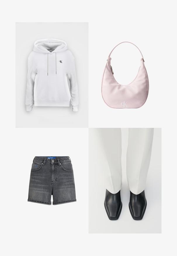 Valkoinen huppari, jossa edessä kiristysnyörit ja vasemmassa rinnassa pieni musta "cK"-logo, resorireunukset hihansuissa ja helmassa.; Karl Lagerfeld Jeans Farkkushortsit - washed grey denim; Mustat nahkaiset nilkkurit, joissa on terävä kärki ja matala pinottu korko, yhdistettynä valkoisiin leveälahkeisiin housuihin. Sileä pinta, tyylikäs muotoilu.; Vaaleanpunainen, kuunsirpin muotoinen käsilaukku, jossa on yksittäinen olkahihna, hopeanvärinen sivuvetoketju ja etukeskellä kohokuvioitu "cK"-logo.