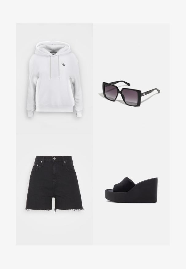Valge kapuutsiga dressipluus ees olevate nööride ja väikese musta "cK" logoga vasakul rinnal, soonikkoes mansettide ja äärega.; Calvin Klein Jeans MOM - Lühikesed teksad - denim black; Mustast platvormiga kiilkontsaga avatud kannaga sandaal, millel on suletud varbakojas kangast pealsosa ja kõrge, tugev tald heledal taustal.; Mustad mustad päikeseprillid, millel on gradient hallid läätsed. Läikivad raami, millel on puhtad jooned. Hõbedane logo aktsent templitel.