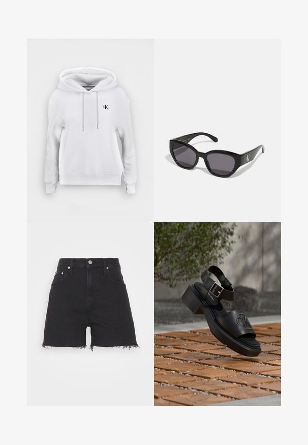 Weißes Kapuzen-Sweatshirt mit vorderen Kordeln und kleinem schwarzem "cK"-Logo auf der linken Brust, gerippte Bündchen und Saum.; Calvin Klein Jeans MOM - Jeans Shorts - denim black; Schwarze Leder-Sandale von Calvin Klein mit Knöchelriemen und Schnalle, schwebt über einem Boden aus Holz und Steinplatten im Freien.; Schwarze Sonnenbrille mit einem schlanken, kantigen Design, dunklen Gläsern und einem kontrastierenden silbernen Logo an der Seite. Glatte Kunststoffoberfläche.