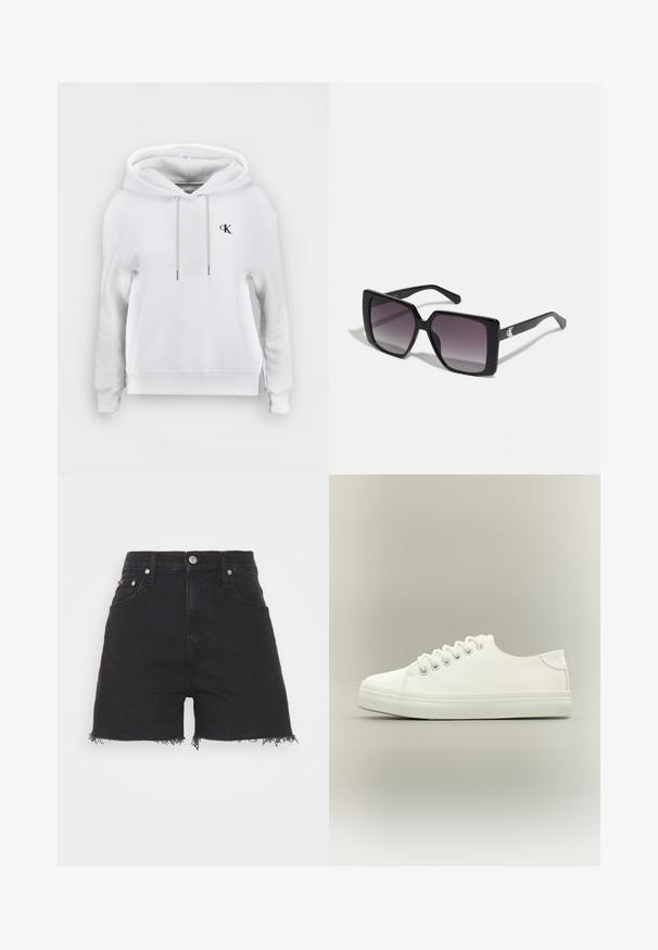 Valkoinen huppari, jossa edessä kiristysnyörit ja vasemmassa rinnassa pieni musta "cK"-logo, resorireunukset hihansuissa ja helmassa.; Calvin Klein Jeans MOM - Farkkushortsit - denim black; Valkoinen matala tennari, jossa valkoiset nauhat ja kumipohja, sivukuvassa neutraalilla taustalla.; Mustat neliönmuotoiset aurinkolasit, joissa on harmaat gradienttilinssit. Kiiltävät kehykset, joissa on siistit linjat. Hopeinen logotunnus temppeleissä.