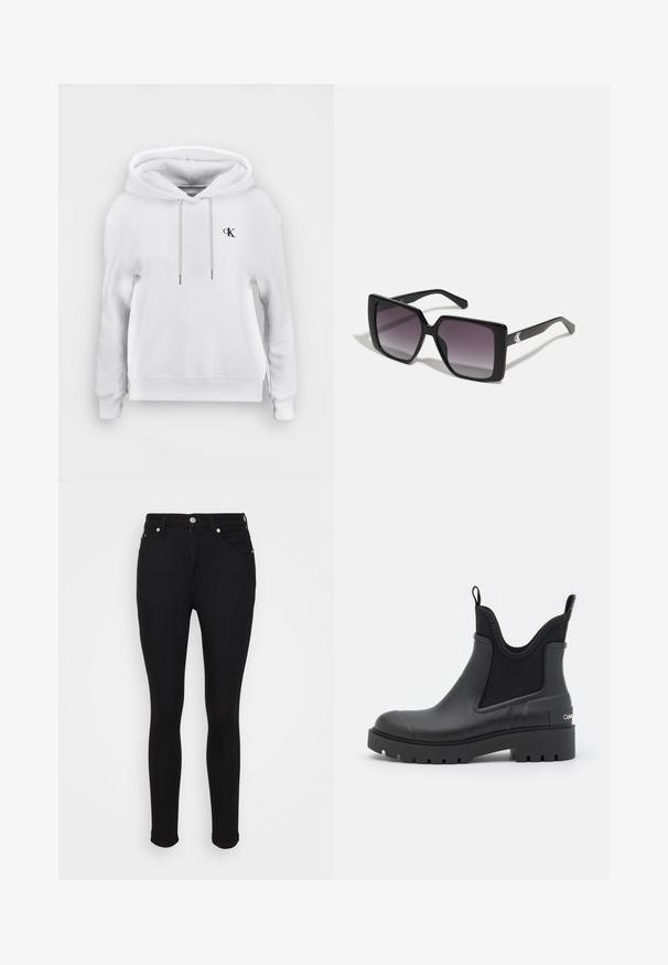Witte hooded sweatshirt met vooraan trekkoorden en klein zwart "cK" logo op de linkerborst, geribde manchetten en zoom.; Zwarte high-waisted skinny jeans met een voorste knoop, rits en vijf-pocket ontwerp, weergegeven op een vlakke witte achtergrond.; Zwarte enkelboot van rubber met een matte afwerking, elastische zijpanelen, een trekhaak en een chunky profielzool. Heeft een logo op de hiel.; Zwarte vierkante zonnebrillen met gradiënt grijze lenzen. Glanzende monturen met strakke lijnen. Zilveren logo-accent op de veren.